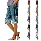 Womens Bermuda Shorts Knee Length, Women's Wear to Work Pants & Capris, Board Shorts Women, Cotton Linen Western Petite Pants Elastic Waisted Wide Leg Cropped Summer Trousers Turquoise M