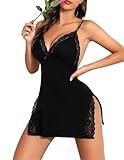 Girece Sexy Night Gowns for Women Babydoll Lingerie Dress Lace Trim Sleep Dress Chemise Nightgowns Soft Sleepwear Side Split Nighty(Black,S)