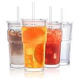 INSETLAN 20 oz Ribbed Glass Tumblers with Lids and Glass Straws – 4-Piece Glassware Set, Thickened Glass, Ideal for Iced Coffee, Smoothies, Cocktails, and Juices – Elegant and Durable Drinkware