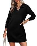 WIHOLL Womens Black Dress Casual Long Sleeve Work Holiday Party Dress Fall 2024 Trendy Simple Short V Neck Pullover Sweatshirts Dresses M