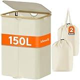 Lifewit 150L Double Laundry Hamper with Lid, Large Dual Laundry Basket Removable Bags, 2 Sections Aesthetic Clothes Hampers for Laundry with Bamboo Handles for Bedroom Bathroom Dorm, Beige