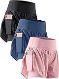 CADMUS 2 in 1 Women's Workout Shorts Athletic Gym Running Shorts for Women Sport Pro Shorts with Phone Pockets,3 Pack, Black & Navy Blue & Pink, Large