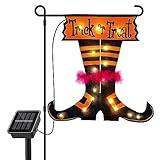 Qunlight Halloween Trick Or Treat Graden Flag lights without flag pole, Double Sided Witch Feet Flag Banner 17.1*17.2Inch ,16 Warm White LED with 8modes Solar Panel, Decorations for Outdoor,Yard ,Home