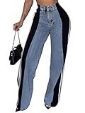 Angsuttc Jeans for Women Trendy Patchwork Stripes Denim Color Contrast High Rise Jean Straight Wide Leg Pants Black L