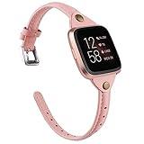 TOYOUTHS Slim Strap Compatible with Fitbit Versa Bands for Women Men Thin Genuine Leather Replacement Wristbands Handmade Watch Band Accessories Rose Pink