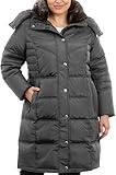 LONDON FOG Women's Plus-Size Mid-Length Faux-Fur Collar Down Coat with Hood, Gunmetal, 2X