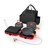 Portable 2 Burner Camping Stove Set with Cookware, 20,000 BTU/h, Outdoor Cooking Kit Includes Outdoor Folding Gas Stove, Frying Pan, Griddle, Kettle, Pot, and Carry Bag, For Propane & Butane
