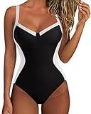 SUUKSESS Womens Tummy Control Slimming One Piece Swimsuits Sexy V Neck Crisscross Back Bathing Suits Push up Swimwear(Black，Medium)