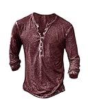 Mens Distressed Henley Shirts Vintage Long Sleeve Shirts Casual Button Down V Neck T Shirts for Men Burgundy