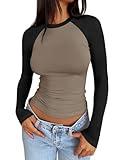 Trendy Queen Womens Long Sleeve Shirts 2024 Fall Fashion Outfits Clothes Slim Fitted Basic Tee Going Out Crop Brown Tops Cute Y2k Teen Girl Color Block T T-Shirts Tshirts