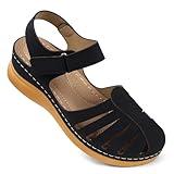 SHIBEVER Women Comfortable Flat Sandals: Dressy Summer Flats Sandal - Closed Toe Fisherman Flower Sandals - Blakc Size 9 Hollow Out Wedge Sandal