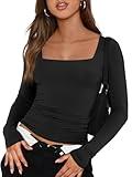 Trendy Queen Womens Long Sleeve Shirts Going Out Basic Crop Tops Fashion Y2k Workout Clothes Square Neck Fall Outfits Black S