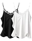 Ekouaer Women's 2 PCS Cami Silk Satin Lace Cami Tank Tops Fitted Camisole Top Black & White S
