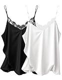 Ekouaer Women's 2 PCS Silk Satin Tank Top Lace Cami Spaghetti Strap Top V Neck Camisoles Black & White S