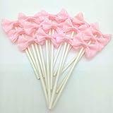 Paity Pink Cake Toppers, Set of 20 - Bowknot Party Supplies for Birthday, Wedding, Baby Shower - Food-Grade Material, Paper Stick, 3.94x0.71 inches, Non-Edible Decorative Cupcake Toppers