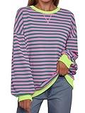 Trendy Queen Oversized Sweatshirt for Women 2024 Fall Crewneck Striped Long Sleeve Shirts Hoodies Preppy Top Y2K Outfits SEPinkGreen XL