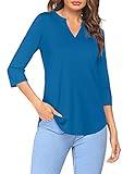 Shirts for Women Work Casual 3/4 Sleeve V Neck Flowy Slight Pleated Work Tops Blouses Blue