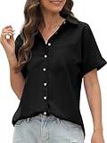 CUNLIN Black Button up Shirt Women Down Shirts Short Sleeve Womens Tops Blouses & Button-Down Summer Cotton Fashion Blouse Collared Ladies Oversized Chambray Dressy Casual Work Gauze top Black Size M