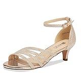 IDIFU Women's Low Kitten Strappy Sandals Heels Open Toe Ankle Strap Bridal Dress Wedding Shoes For Women(Gold Glitter, 8.5 M US)