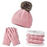 Kids Hat Gloves Scarf Set Girls Winter Warm Knitted Beanie Knit Fleece Lined Neck Warmer Scarves Thick Thermal Cap with Cute Furry Pom Pom Pink 3Pcs Cold Weather Snow Accessories for Children Child