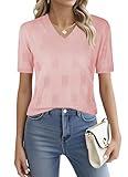 Ninedaily Women's Tops - Linen Clothes - Peasant Blouses, Summer Short Sleeve Sweater Knit T Shirts Dressy Casual Blouses Older Ladies Outfits Seniors Wrinkle Free Travel Tops, Pink,L