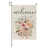 Welcome Floral Garden Flag Mason Jar 12x18 Inch Double Sided Watercolor Pink Roses Garden Flags for Outside Small Burlap Holiday Flag for Patio, Lawn & Garden Outlet Decor