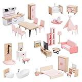 Giant bean 32pcs Wooden Dollhouse Furniture Set 5 Rooms, Wood & Plastic Pink Dollhouse Accessories Pretend Play Furniture Toy Christmas Birthday Gift Toy for Kids Boys Girls Toddler 3+