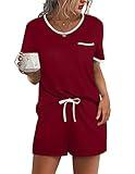 Ekouaer Pajama Set for Women 2 Piece Lounge Set Short Sleeve Tops and Shorts Soft Sleepwear, Chest Pocket Wine Red