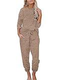 Ekouaer Womens Pajamas Set Long Sleeve Loungewear Soft Lounge Set Joggers with Pockets,Small,Brown