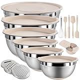 Mixing Bowls with Airtight Lids Set, 20 PCS Kitchen Gadgets Set, 6 Stainless Steel Bowls, 3 Grater Attachments, Non-Slip Silicone Bottoms, Great for Serving&Baking, Size 5, 4, 3.5, 2.1, 1.5, 1.1QT