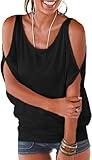 RANPHEE Cold Shoulder Tops for Women Sexy Black Casual Summer Fashion 2025 Ladies Dolman Sleeve Stretchy Loose Fit T Shirts M
