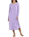 Ekouaer Women Nightgowns Long Sleeve Sleepshirt Soft Sleepwear House Dresses with Pockets Purple Flower L