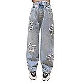 Rolanko Girls Baggy Jeans Elastic Wide Leg Denim Pants Star Pattern Loose Trousers Kids Clothes (Star, 8-10)