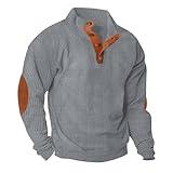 Lexiart Men's Casual Corduroy Sweatshirt Long Sleeve Thermal Stand Collar Button Pullover Sweatshirts Grey