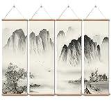 Landscape Painting,Chinese Ancient Architecture Posters and Prints,traditional Ink Decor,Wall Art Black and White for Living Room Bedroom,4 Piece Set Fixed Wooden Hanging Scroll (landscape, 12”x36”x4piece)