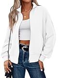 CRAZY GRID 2025 New Zip Up Cropped Sweatshirt for Women Winter Solid Color Simple Ribbed Cuffs Blend Fabric Style Jacket with Large Pockets White Small