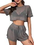 GORGLITTER Women's Sheer Shorts Set Mesh Tees Crop Top and Elastic High Waisted Shorts Lounge Sets Grey Small