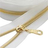 YaHoGa #5 Gold Metallic Nylon Coil Zippers by The Yard Bulk White Tape 10 Yards with 25pcs Gold Pulls for DIY Sewing Tailor Craft Bag (White)