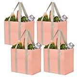 VENO 4 Pack Reusable Grocery Bags, Heavy-Duty Shopping Bags with Handles, Bags for Shopping Cart with Hard Bottom to Stand Upright, Foldable, Multi-Purpose, Sustainable (Peach Pink, 4 Pack)