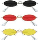 3 Pieces Vintage Oval Sunglasses Retro Slender Metal Frame Oval glasses Small Vintage Sunglasses Candy Colors for Men Woman (Grey Lens, Red Lens, Yellow Lens)