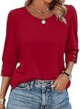 3/4 Length Sleeve Womens Blouses Dressy Casual Christmas Valentine's Day Shirts Plus Size Spring Tops Fashion Clothing Flowy Solid Red M