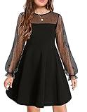 Arshiner Girl's Contrast Mesh Puff Long Sleeve High Waist A Line Black Short Dress with Pockets 6-7 Years