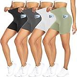 FULLSOFT 4 Pack Biker Shorts for Women – 5" High Waist Tummy Control Workout Yoga Running Compression Exercise Shorts with Pockets(4 Pack Black/Grey/Light Green/White,Small-Medium)