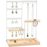 Jewelry Organizer Stand, Jewelry Holder, Lengnoy 4 Tier Earring Holder with 48 Holes and 6 Hooks Necklace Organizer Wood Box for Necklace Bracelet Earring Ring, White