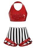 Women Sparkly Sequins Halter Crop Top Black and White Stripe Metallic Dance Short Adult Acrobat Trapeze Artist Outfits Ballerina Dance Dress Contemporary Lyrical Dance Costume Red L