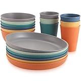 Anbte Plastic Plates and Bowls Sets, 18pcs Unbreakable Camping Dinner Set for 6 with Storage Bag, Reusable, Microwave & Dishwasher Safe Dinner Set, for Kitchen Outdoor Travel Camping Picnic