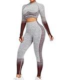 JOYMODE 2 Piece Workout Sets for Women plus size Workout Outfit High Waist active wear outfits Seamless Workout Leggings Crop Top for Gym Brown X-Large