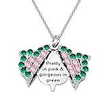 CENWA Sorority Gifts Pretty In Pink & Gorgeous in Green Zircon Leaf Open Locket Necklace Gift For Sorority Sister (Pretty in pink N)