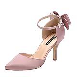 ERIJUNOR E1876B Wedding Evening Party Shoes Comfortable Mid Heels Pumps with Bow Knot Ankle Strap Wide Width Satin Shoes Rose Gold Size 8