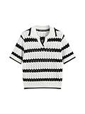 CIDER French Riviera Vacation Polo Striped Hollow Out Knitted Short Sleeve Top: White, L